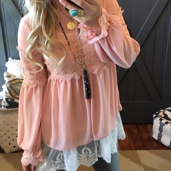 NWT Boutique Winter Pink Lace Boho Blouse Top - Picture 2 of 6